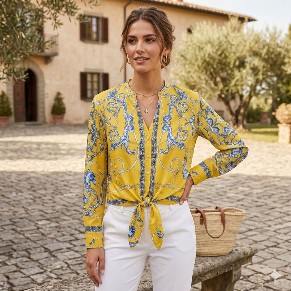 Maeve Anthropologie Yellow Elan Scarf Print Tie Front Shirt Womens Size 0